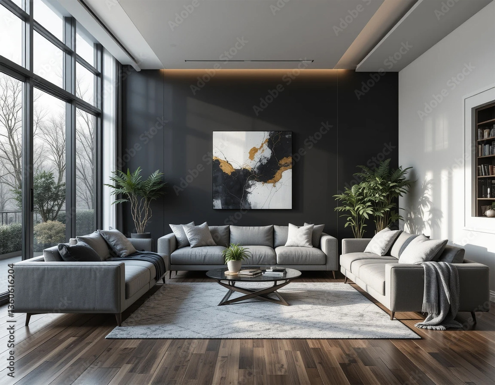 Fototapeta premium Ultra-modern living room with minimalist decor, sleek black and white color palette, large floor-to-ceiling windows with soft natural light, stylish gray sofa with clean lines, geometric coffee table 