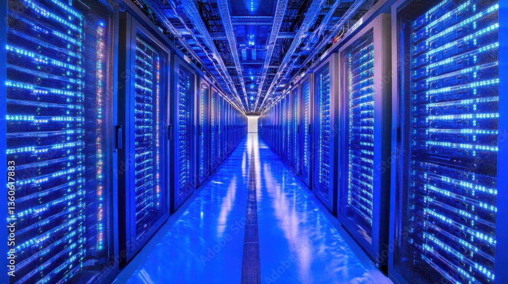Centro de datos moderno con servidores iluminados en azul Centro de datos moderno con servidores iluminados en azul