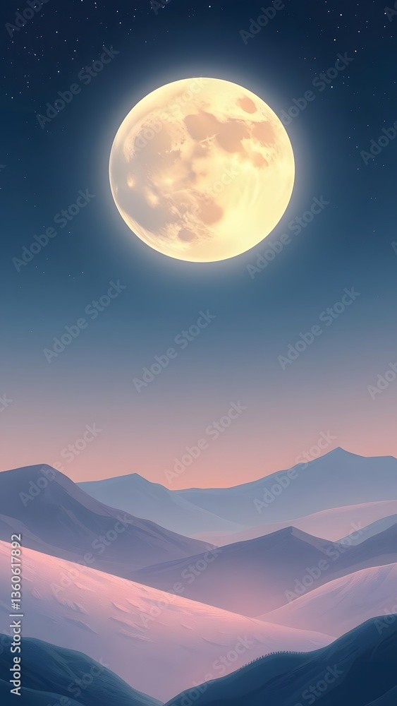 A serene night landscape featuring a glowing moon over tranquil mountains, ideal for a captivating phone wallpaper. A serene night landscape featuring a glowing moon over tranquil mountains, ideal for a captivating phone wallpaper.