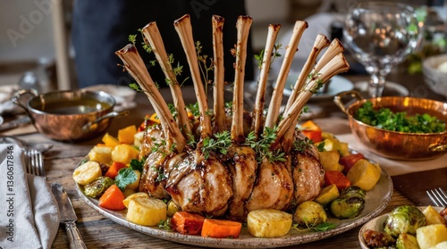 Rack lamb crown formation on rustic farmhouse table with honey-mustard glaze and amber exterior, surrounded by seasonal roasted vegetables including carrots, parsnips and brussels sprouts