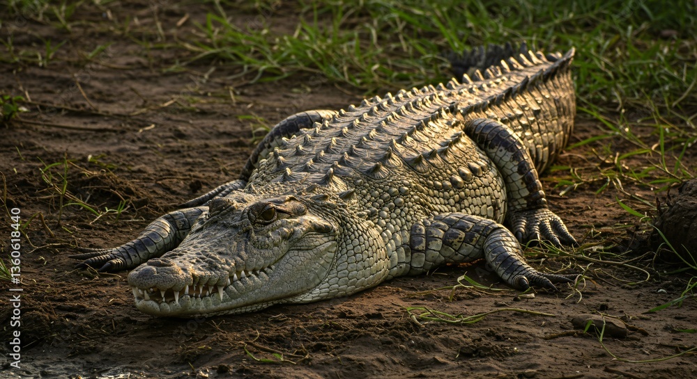 Fototapeta premium A large crocodile is resting on a grassy and muddy bank