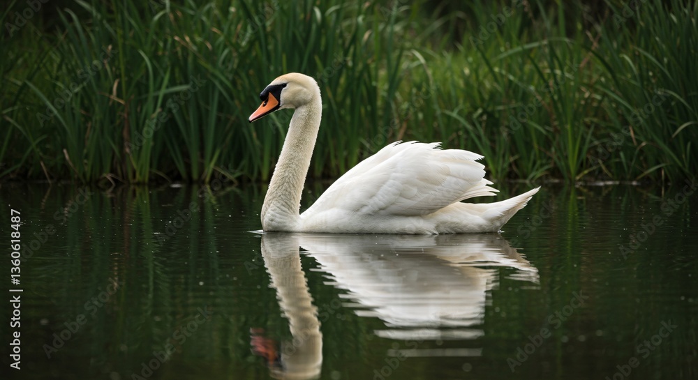A majestic white swan elegantly glides on calm reflective water A majestic white swan elegantly glides on calm reflective water
