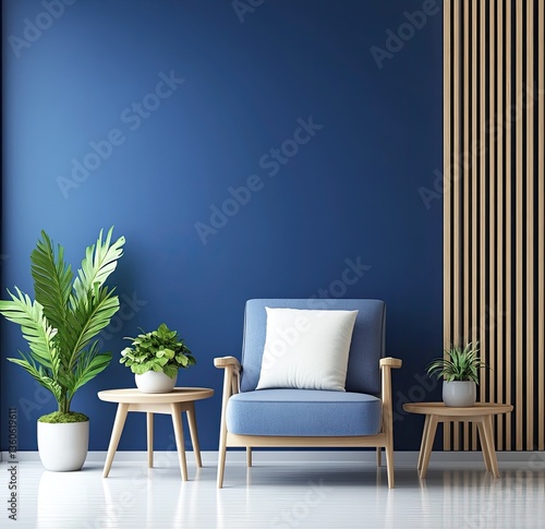 Modern, cozy living room featuring a deep blue wall, light wooden furniture, and plants.  A comfortable armchair with a white pillow.  Simple, elegant d?cor