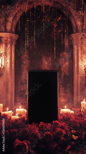 Modern phone display amidst roses, candles, and gothic architecture creating a blend of old and new.