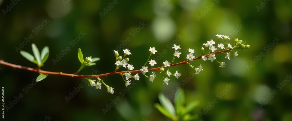 Delicate sprig, tiny white blossoms burst forth from vibrant green foliage, plantlife, flowers, environment Delicate sprig, tiny white blossoms burst forth from vibrant green foliage, plantlife, flowers, environment