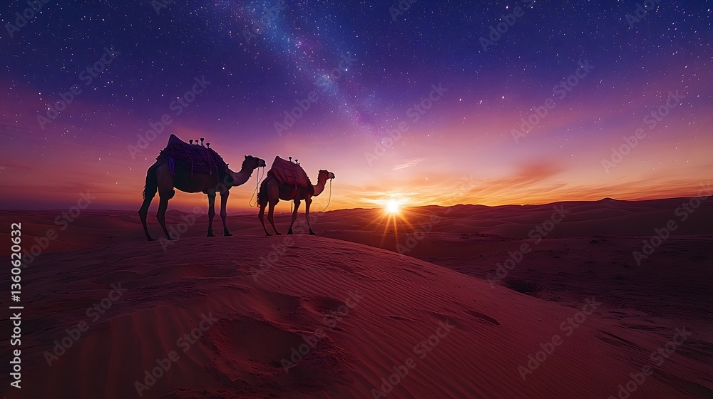 Mesmerizing Desert Under a Starry Sky with Caravan Mesmerizing Desert Under a Starry Sky with Caravan