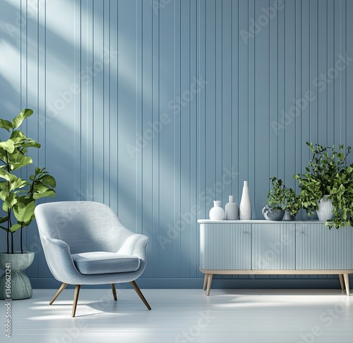 Light-filled, serene living room with a muted blue color palette