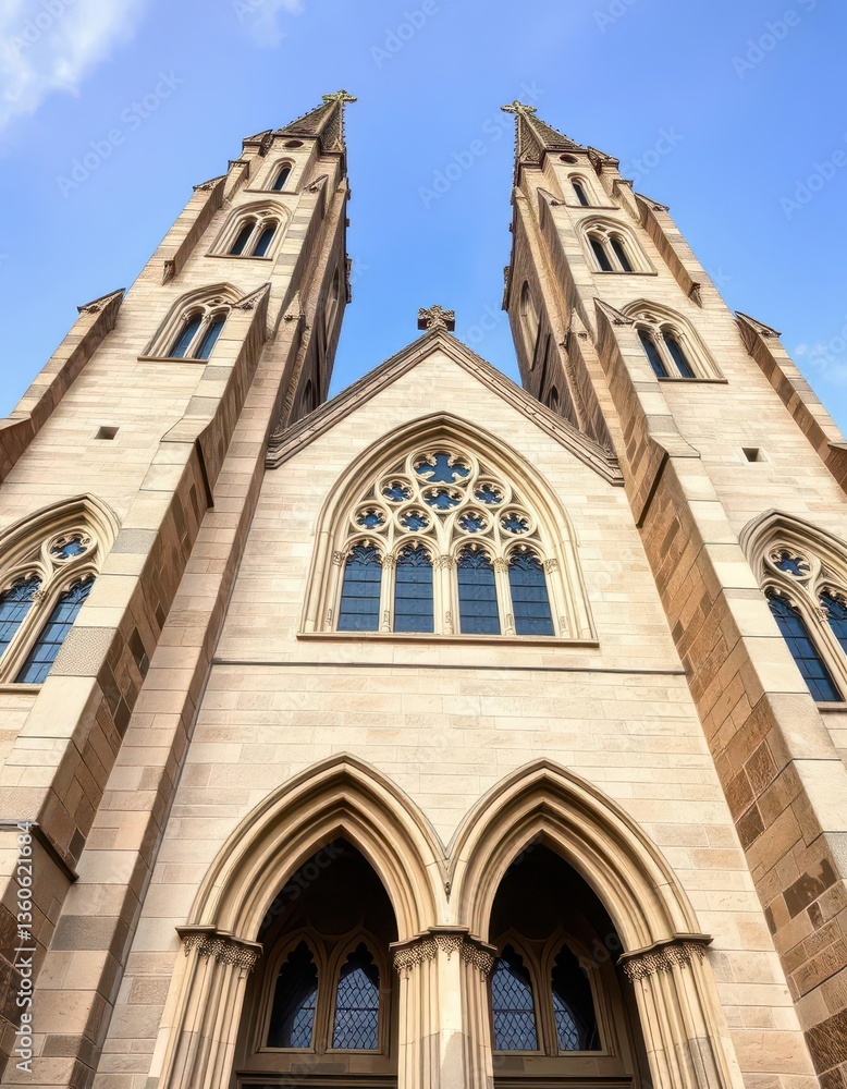High, slender Gothic pointed arches forming a church's exterior wall, intricate stonework visible, gothic architecture, masonry, church High, slender Gothic pointed arches forming a church's exterior wall, intricate stonework visible, gothic architecture, masonry, church