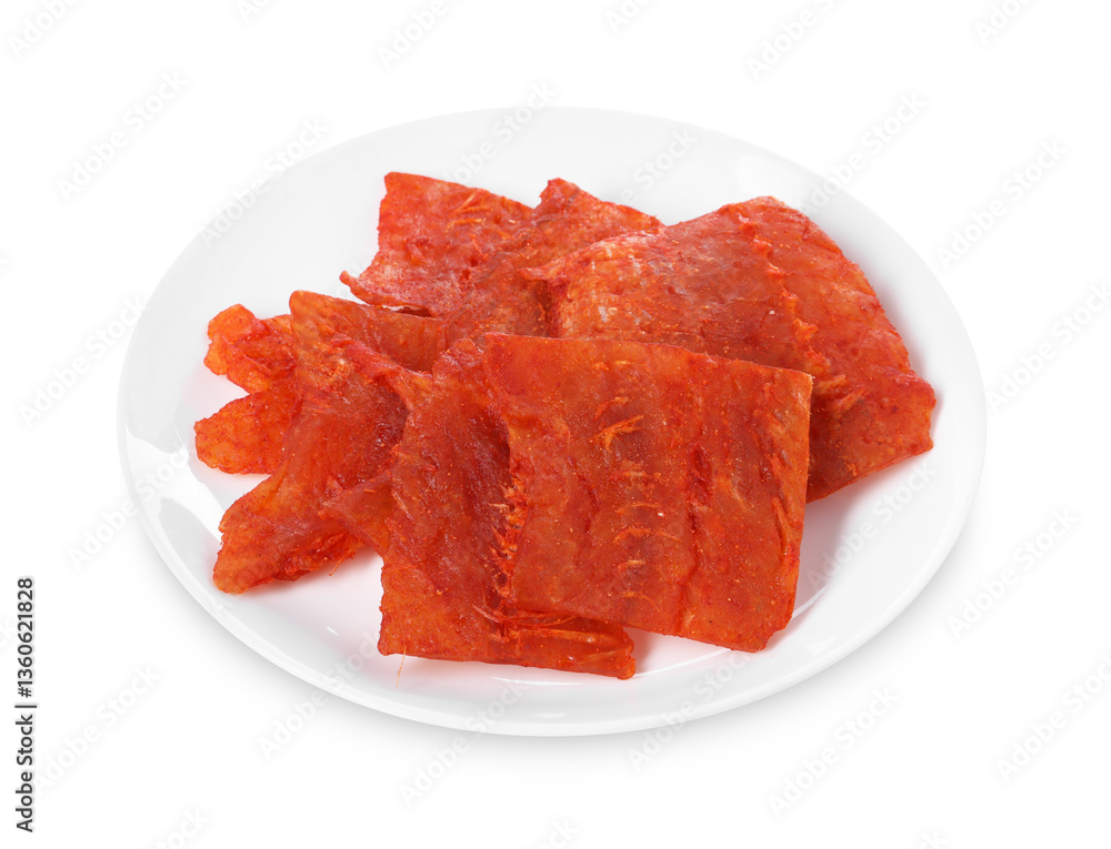 Dried spicy cod fillets isolated on white Dried spicy cod fillets isolated on white