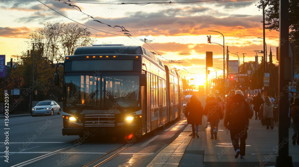 Obraz premium A vibrant sunset casts warm light as passengers board a bus on a busy street, creating a lively atmosphere filled with anticipation for evening travels.