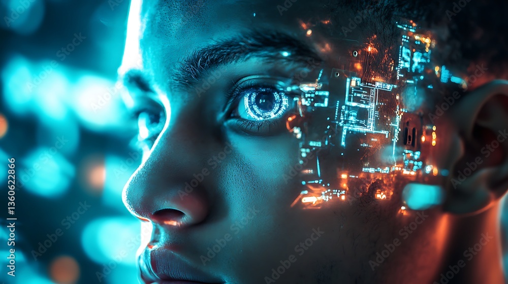 A futuristic portrait of a person with digital elements integrated into their face. A futuristic portrait of a person with digital elements integrated into their face.