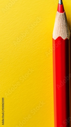 A red colored pencil against a vibrant yellow surface