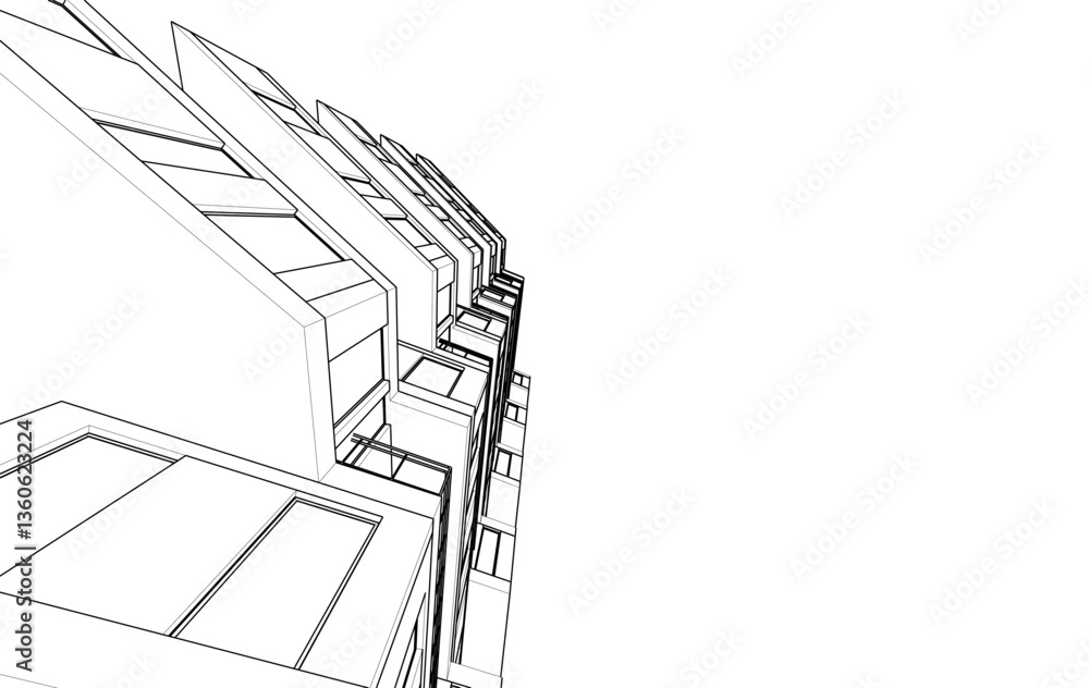 Modern Architectural Sketch - Abstract Residential Building - Wireframe Perspective - Vector Illustration Modern Architectural Sketch - Abstract Residential Building - Wireframe Perspective - Vector Illustration
