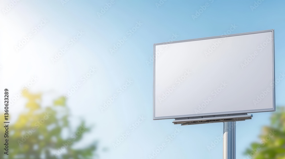 Fototapeta premium A blank billboard mockup stands tall against a bright blue sky with blurred green trees offe a perfect template for advertising design and marketing presentations.