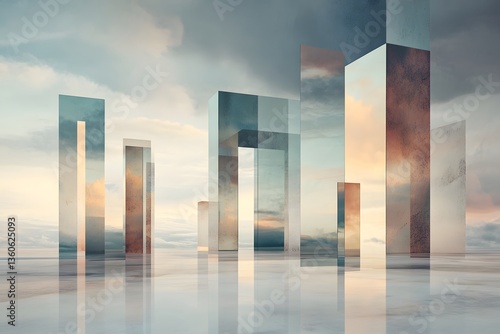 Reflective towers rise from a tranquil lake under an enchanting sunset, merging nature and abstract architecture in a surreal atmosphere