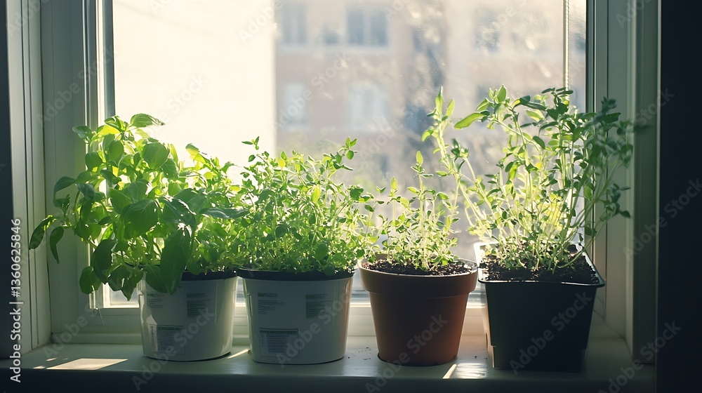 A sunlit window displays potted herbs, promoting indoor gardening and plant care. A sunlit window displays potted herbs, promoting indoor gardening and plant care.