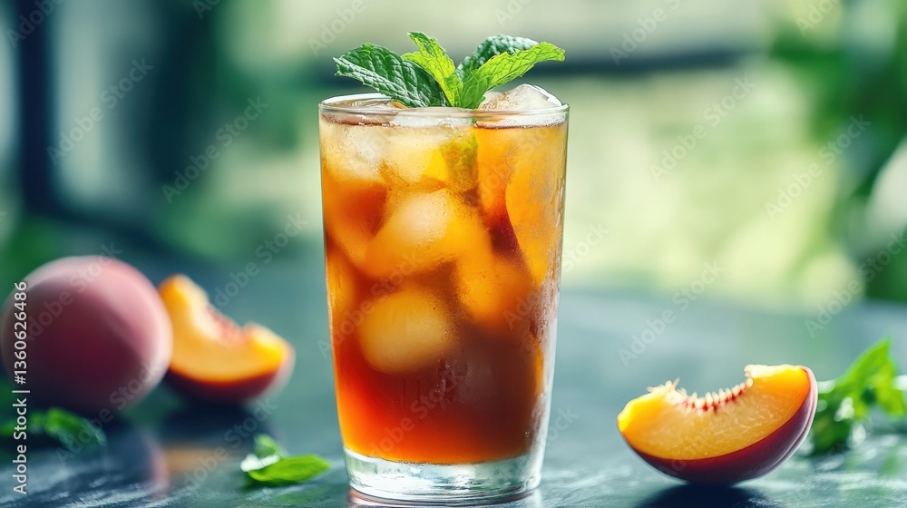 Fototapeta premium A refreshing iced tea drink with peach and mint garnish