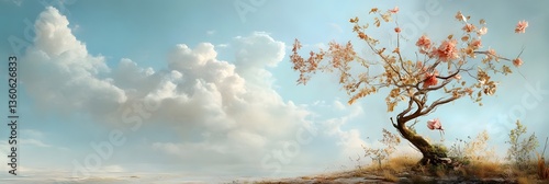 Cherry blossom tree stands resilient against a serene sky with fluffy clouds in a peaceful landscape at golden hour