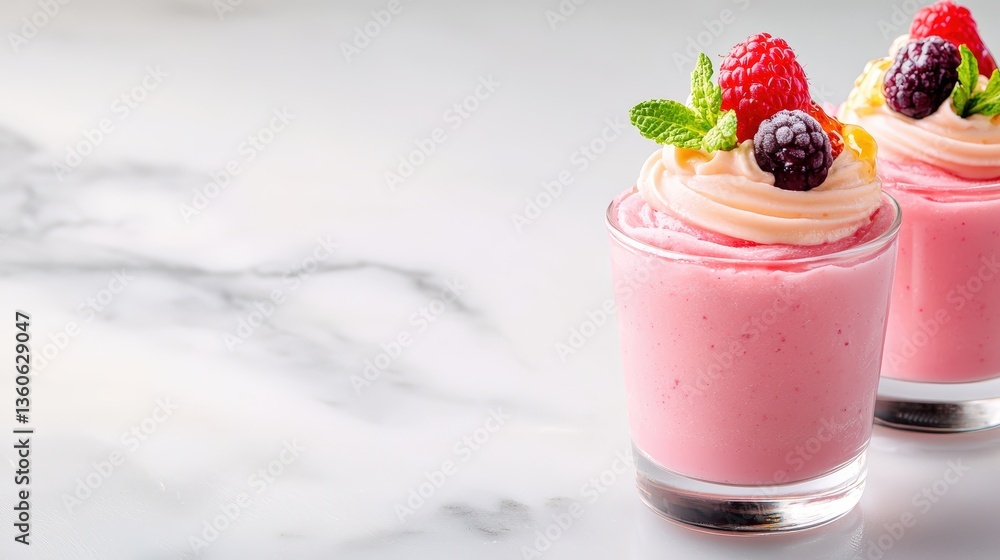 Two delicious pink raspberry smoothies garnished with fresh raspberries blackberries and mint in clear glasses on a marble background perfect for summer refreshment. Two delicious pink raspberry smoothies garnished with fresh raspberries blackberries and mint in clear glasses on a marble background perfect for summer refreshment.