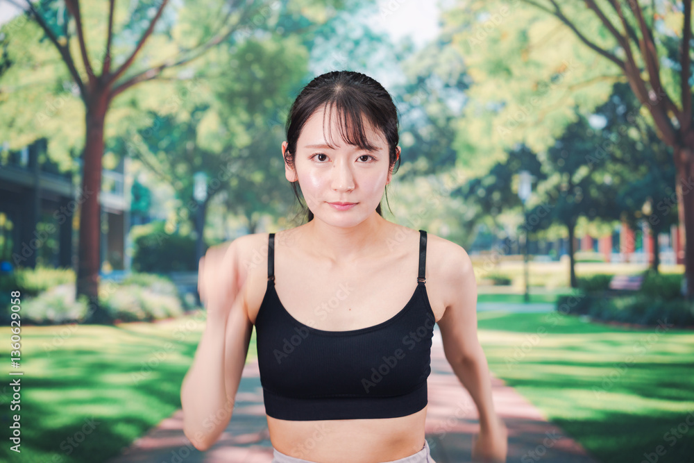 ジムでランニングをする若い女性 ジムでランニングをする若い女性