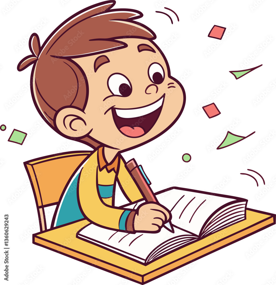 young happily boy studying and writing in her notes, vector on white background young happily boy studying and writing in her notes, vector on white background