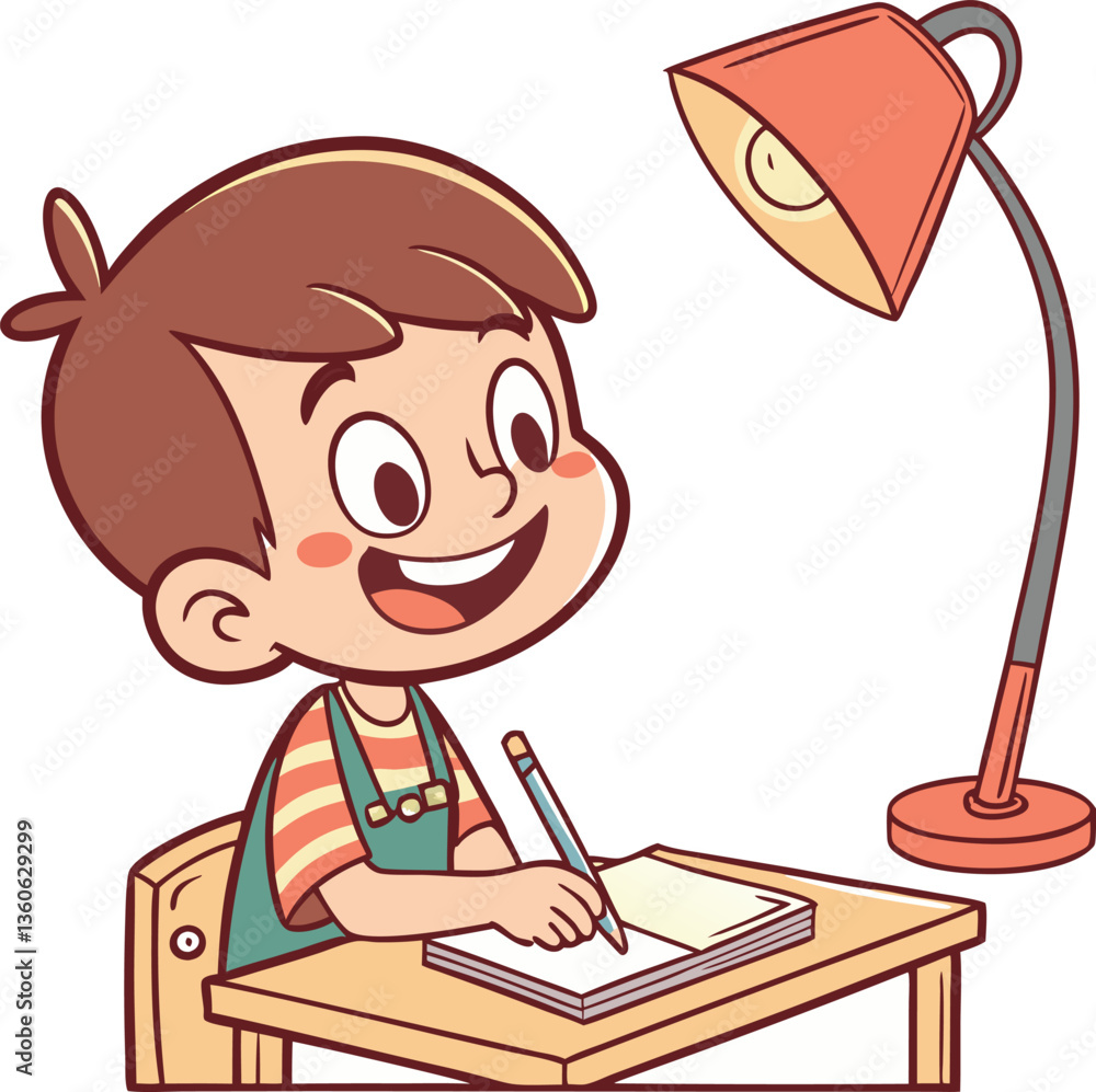 young happily boy studying and writing in her notes, vector on white young happily boy studying and writing in her notes, vector on white