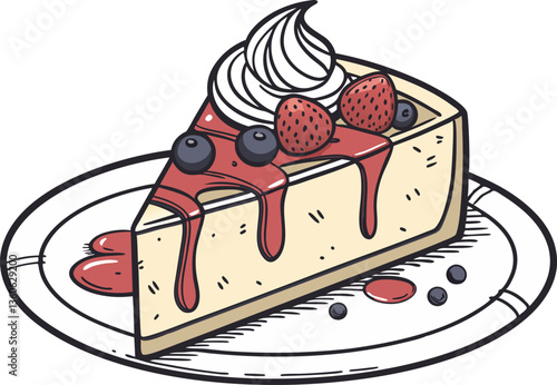 delicious slice of cheesecake with berries and cream on a white plate, isolated vector