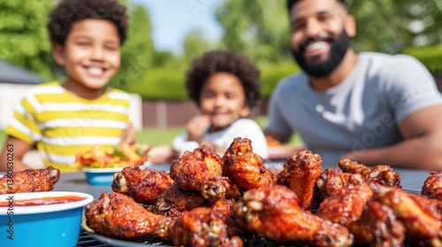 A happy family enjoys a delicious barbecue lunch outdoors with grilled chicken wings and their children smiling in the background on a sunny day.