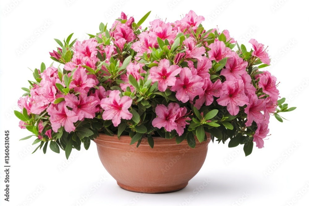 Fototapeta premium Blooming Azalea Plant in Pot with Pink Flowers and Green Leaves