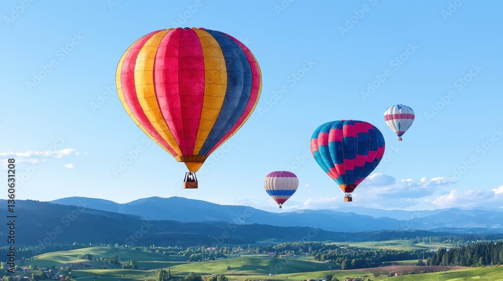 Fototapeta premium Colorful hot air balloons float gracefully over a picturesque valley landscape on a bright sunny day offe a breathtaking aerial view of nature.