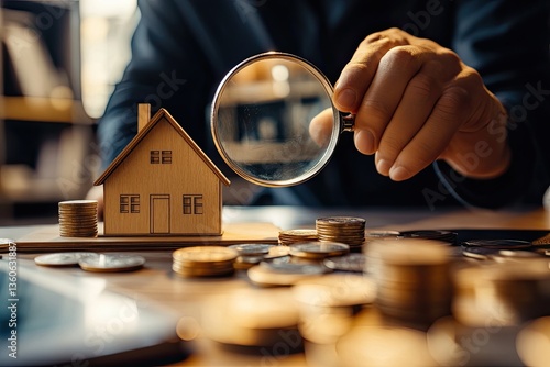 A woman examines home loan details with a magnifying glass, seeking minimal interest rates and affordable mortgage alternatives, emphasizing financial planning and investment concepts