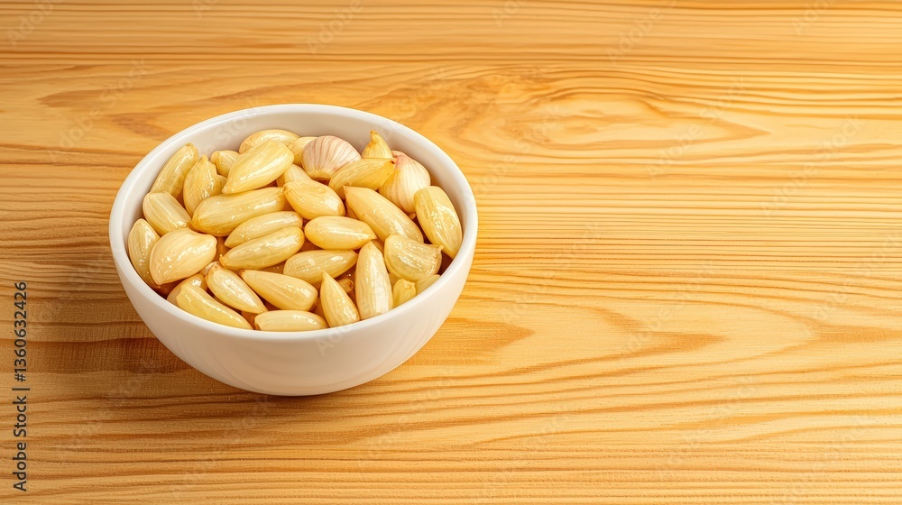A small white bowl filled with peeled garlic cloves sits on a light brown wooden surface providing a simple yet visually appealing image perfect for culinary or health related A small white bowl filled with peeled garlic cloves sits on a light brown wooden surface providing a simple yet visually appealing image perfect for culinary or health related