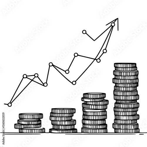 Line graph depicting financial growth with stacks of coins, single line vector drawing