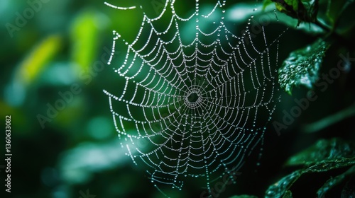 A glistening spider web hangs amongst green natural foliage