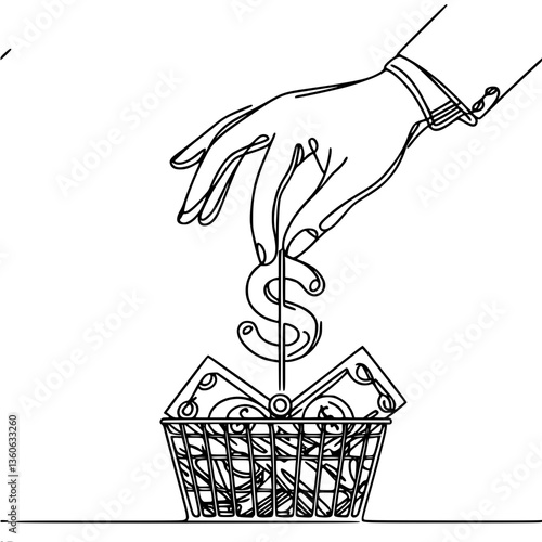 Hand placing money into a basket in a minimalistic style, single line vector drawing  