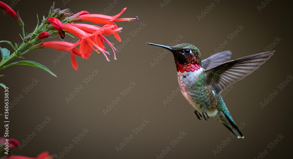 Fototapeta premium A beautiful hummingbird approaches a red flower in flight