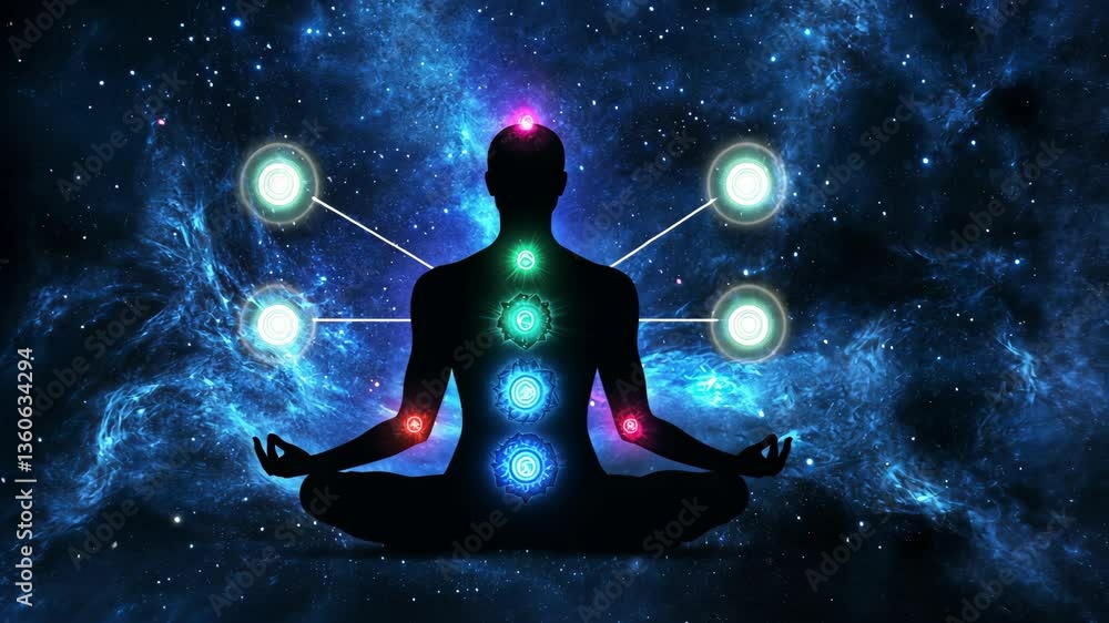 Meditative figure surrounded by glowing chakras in a cosmic setting with vibrant colors Meditative figure surrounded by glowing chakras in a cosmic setting with vibrant colors