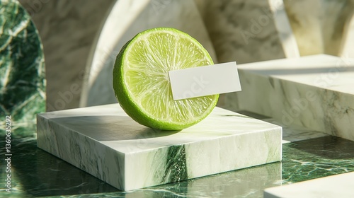 Fresh green lime mockup with blank card on marble pedestal. Luxury aesthetic with rich textures and natural lighting, perfect for product presentation.