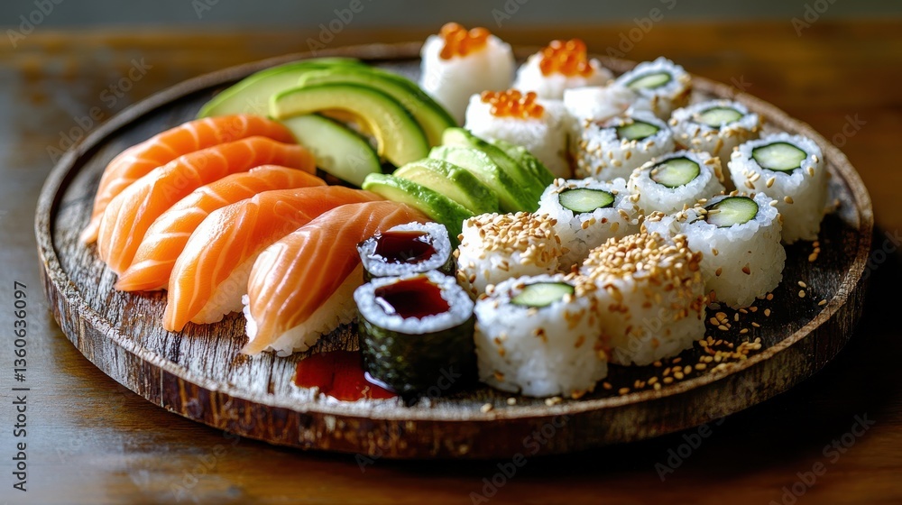 Artfully Arranged Sushi Plate on Rustic Wooden Palette Artfully Arranged Sushi Plate on Rustic Wooden Palette