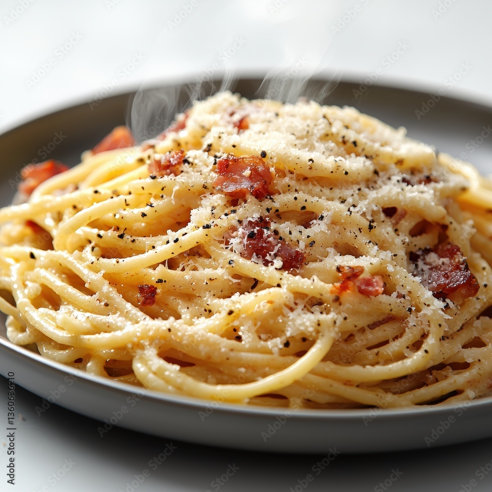 A steaming plate of delicious spaghetti carbonara features perfectly cooked pasta tossed in creamy egg yolk sauce with crispy pancetta and grated parmesan cheese. A steaming plate of delicious spaghetti carbonara features perfectly cooked pasta tossed in creamy egg yolk sauce with crispy pancetta and grated parmesan cheese.