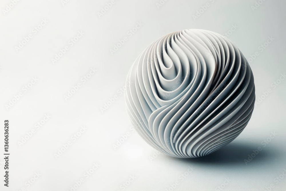 Abstract white sphere with wavy texture on light background. Space for text. Abstract white sphere with wavy texture on light background. Space for text.