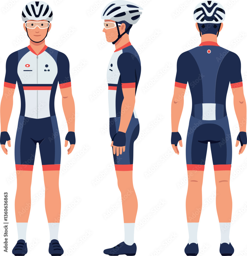 Cyclist in detailed flat design showcasing athletic gear from multiple angles, emphasizing movement and energy in vibrant vector illustration
