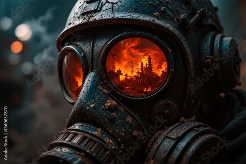 Visions of a dystopian future captured in the reflection of a gas mask amidst an apocalyptic landscape
