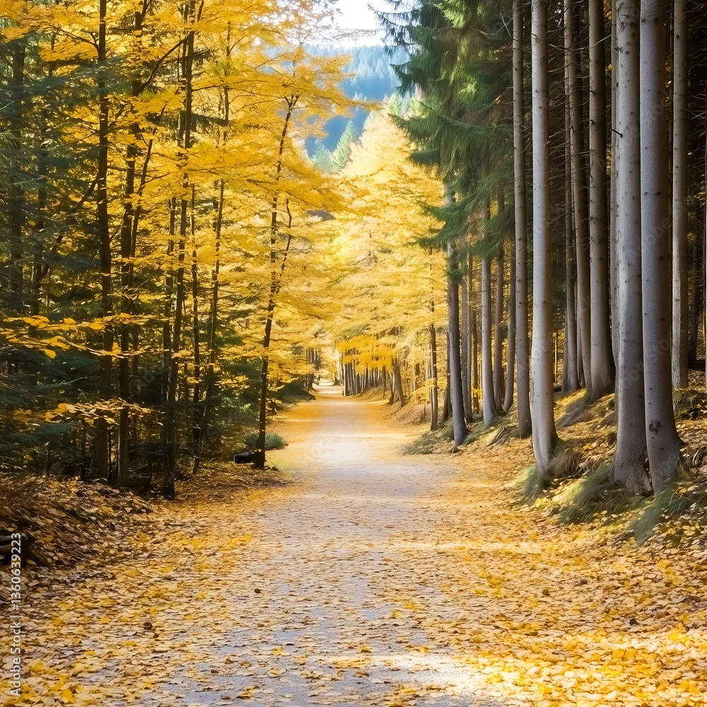 Obraz premium Scenic autumn hiking trail through golden forest 