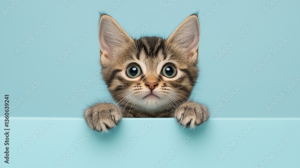 An adorable tabby kitten with big green eyes peeks over a light blue background showing its paws and looking directly at the camera with a curious expression. An adorable tabby kitten with big green eyes peeks over a light blue background showing its paws and looking directly at the camera with a curious expression.