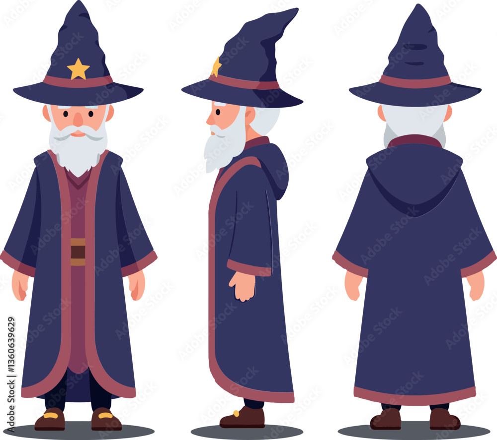 Wise old wizard character in a purple robe with a pointed hat, minimal flat design vector illustration Wise old wizard character in a purple robe with a pointed hat, minimal flat design vector illustration