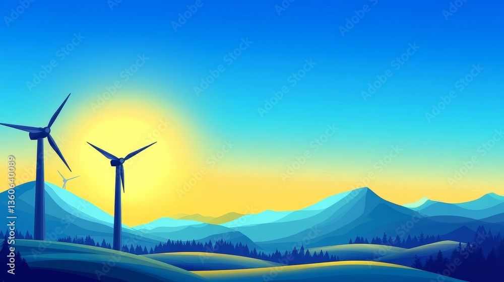 Obraz premium Scenic view of wind turbines against a vibrant sunset in a mountainous landscape