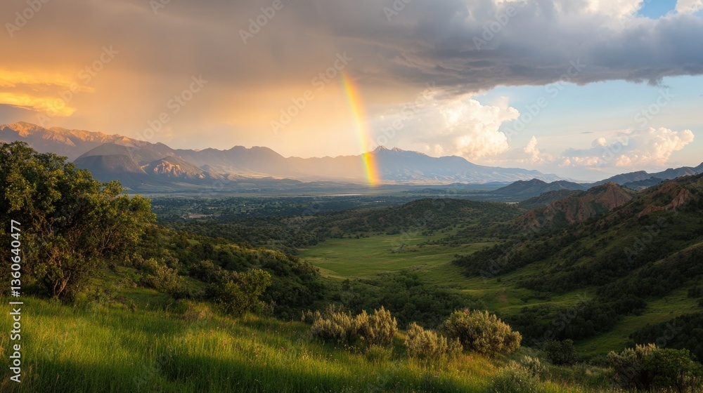 Obraz premium A double rainbow stretching across the horizon over a green valley.
