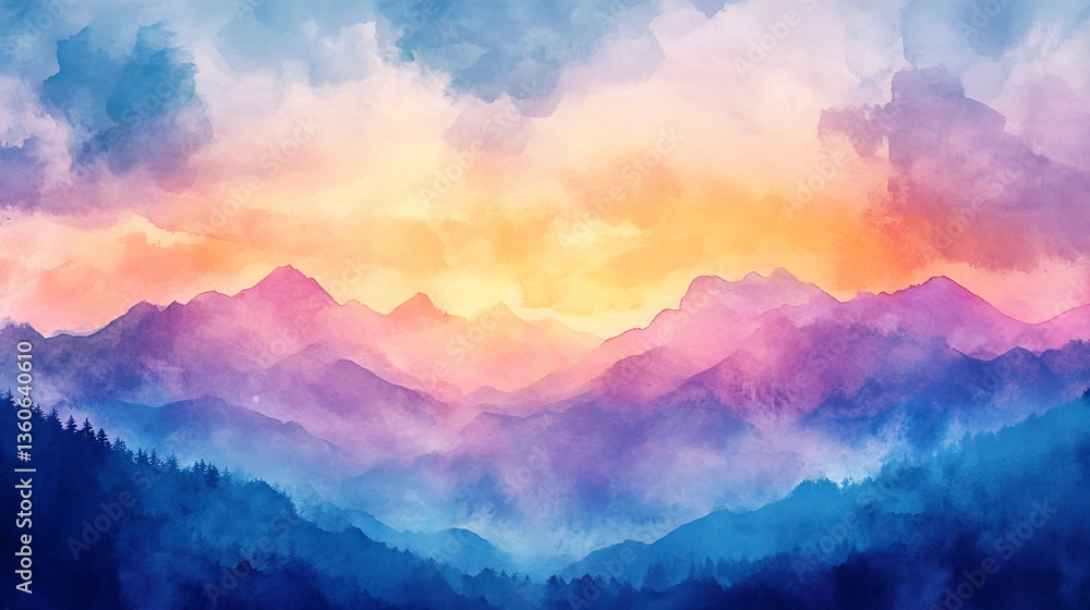 Fototapeta premium Vibrant Watercolor Sunset Mountain Landscape Painting Artistic Colorful Nature Scenic View Tranquil Serene Peaceful Beautiful Digital Art Illustration