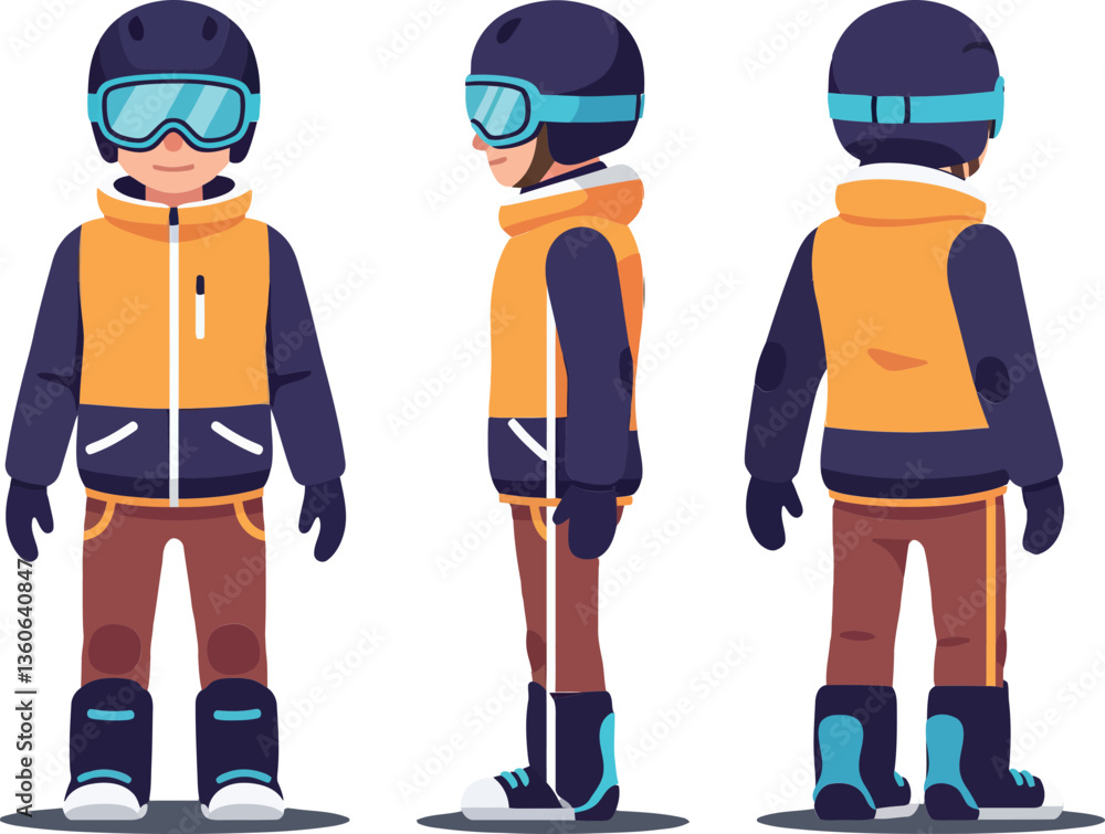 A young skier in a vibrant orange and navy outfit showcasing three angles in a flat vector illustration emphasizing winter sports and adventure A young skier in a vibrant orange and navy outfit showcasing three angles in a flat vector illustration emphasizing winter sports and adventure